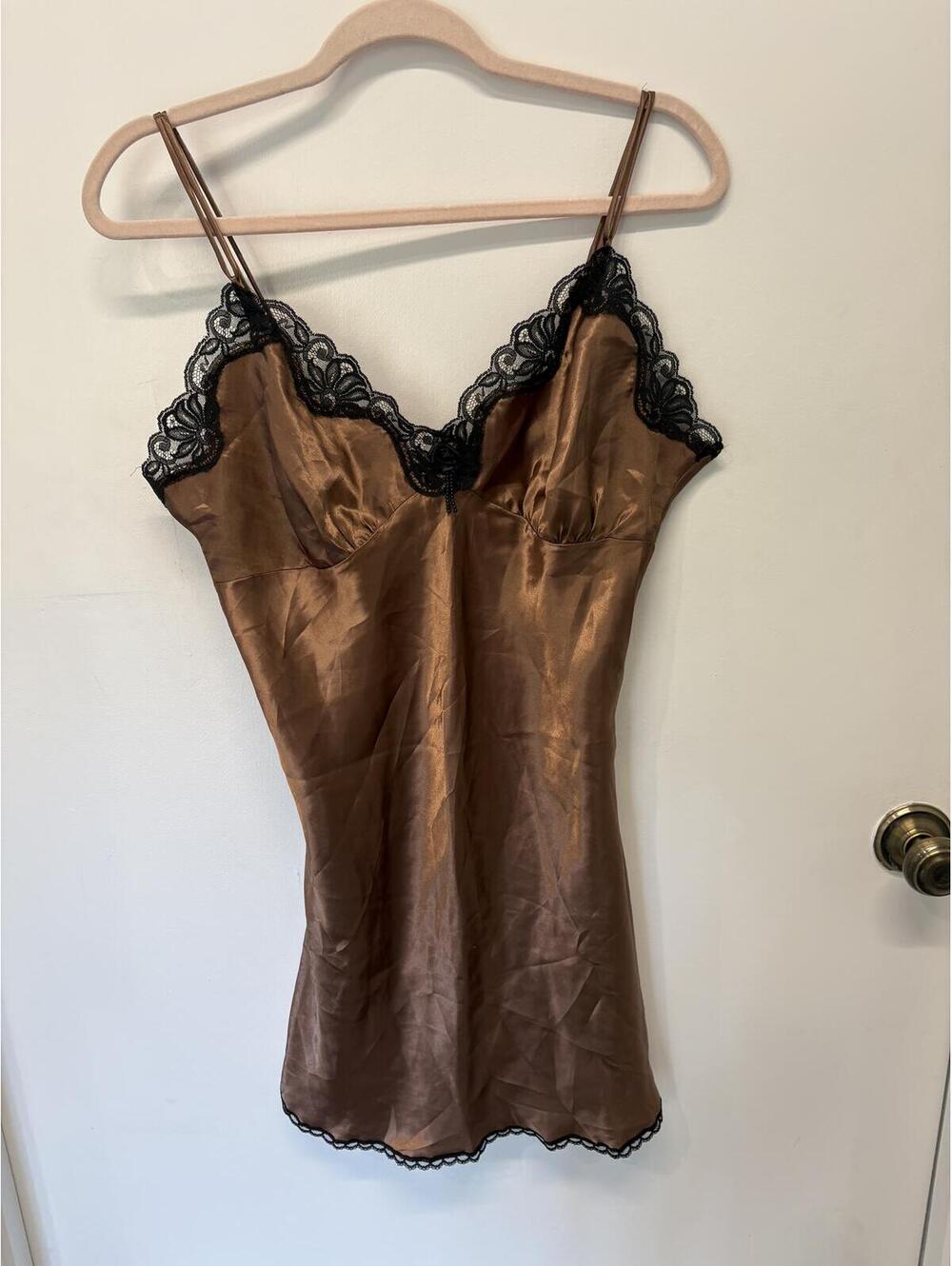 Cinema Etoile Brown Satin Lace Trim Camisole Slip P2P 19in